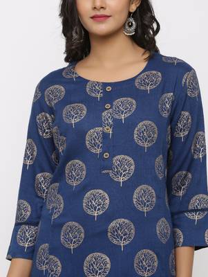 Women's Teal Rayon Gold Print Straight Tunic Kurti 4