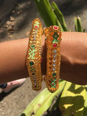 Gold Plated Multicolour Stone Studded Designer Rajwada Style Bangles Set Of 2 For Womens 1