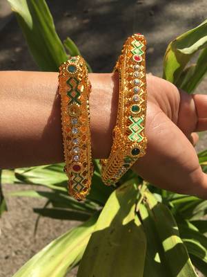 Gold Plated Multicolour Stone Studded Designer Rajwada Style Bangles Set Of 2 For Womens 3