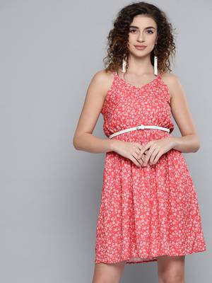 Red Ditsy Floral Short Strappy Belted Dress 1