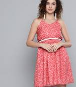 Red Ditsy Floral Short Strappy Belted Dress