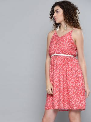 Red Ditsy Floral Short Strappy Belted Dress 2