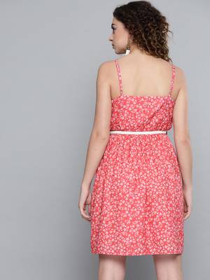 Red Ditsy Floral Short Strappy Belted Dress 3