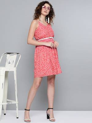 Red Ditsy Floral Short Strappy Belted Dress 4