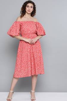Red Ditsy Floral Off Shoulder Midi Dress