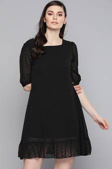 Black Dobby Frill Hem Short Dress