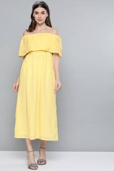 Lemon Yellow Schiffli Off Shoulder Maxi Dress