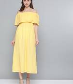 Lemon Yellow Schiffli Off Shoulder Maxi Dress