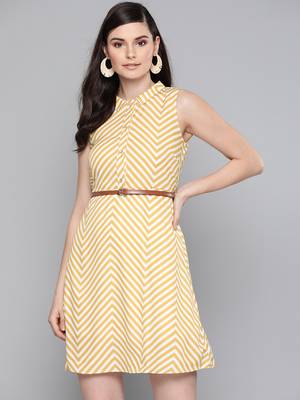 Mustard Chevron A Line Belted Dress 1