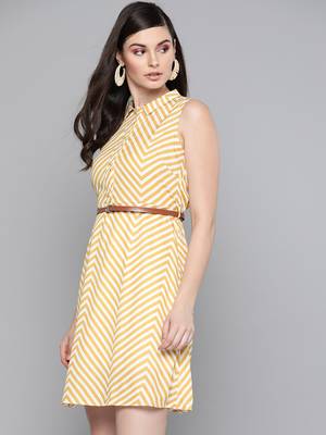 Mustard Chevron A Line Belted Dress 2