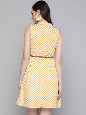 Mustard Chevron A Line Belted Dress 3