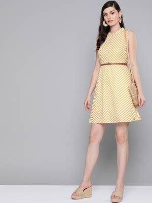 Mustard Chevron A Line Belted Dress 4