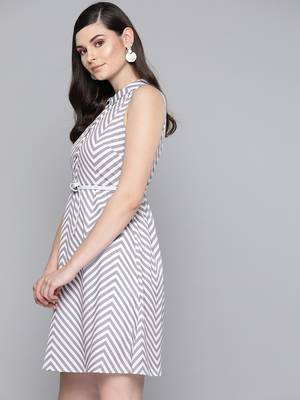 Grey Chevron A Line BeltedDress 2