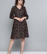 Black Ditsy Floral Buttoned Midi Dress