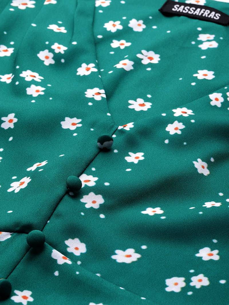 Emerald Green Ditsy floral Buttoned Midi Dress - SASSAFRAS - 3222927