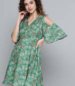 Green Ditsy Floral Cold Shoulder Short Dress