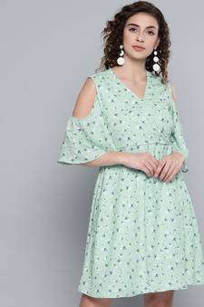 Sea Green Ditsy Floral Cold Shoulder Short Dress