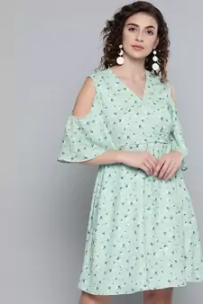 Sea Green Ditsy Floral Cold Shoulder Short Dress