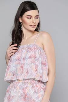 Peach Tile Print Strappy Pleated Crop Top