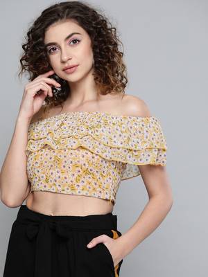 Yellow Ditsy Floral Off Shoulder Crop Top 1