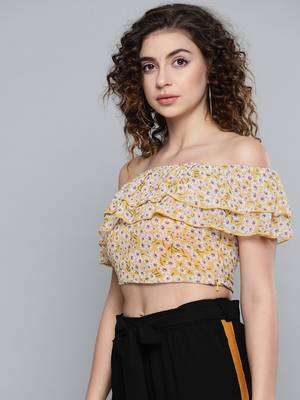 Yellow Ditsy Floral Off Shoulder Crop Top 2
