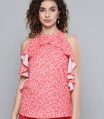 Red Ditsy Floral Frilly Halter Top