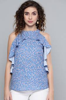 Blue Ditsy Floral Frilly Halter Top
