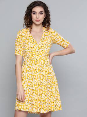 Yellow Ditsy Floral Wrap Skater Dress 1