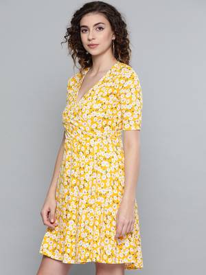 Yellow Ditsy Floral Wrap Skater Dress 2