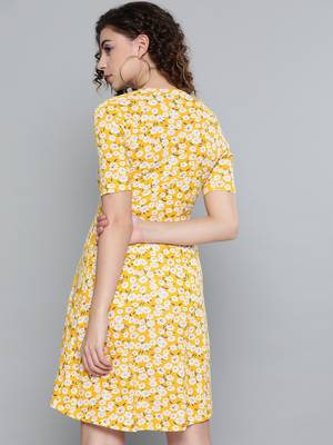 Yellow Ditsy Floral Wrap Skater Dress 3