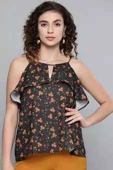 Black Ditsy Floral Halter Neck Top