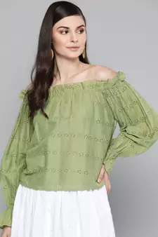Olive Schiffli Off Shoulder Top