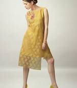 Yellow Net Jacquard Sleeveless Kurti
