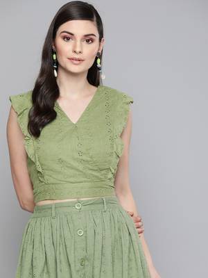 Olive Schiffli Wrap Crop Top 1
