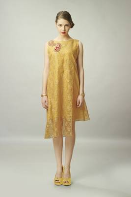 Yellow Net Jacquard Sleeveless Kurti 2