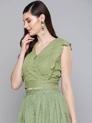 Olive Schiffli Wrap Crop Top 2