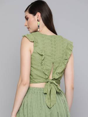 Olive Schiffli Wrap Crop Top 3