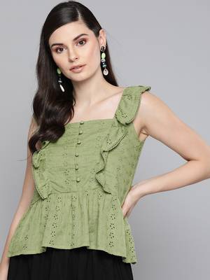 Olive Schiffli Button Peplum Top 1