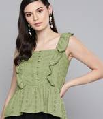 Olive Schiffli Button Peplum Top