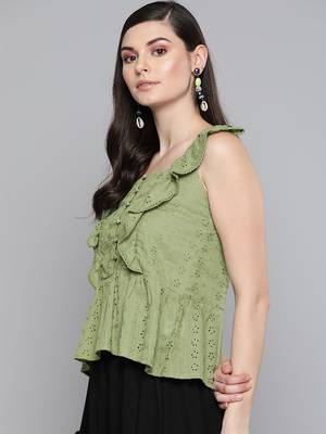 Olive Schiffli Button Peplum Top 2
