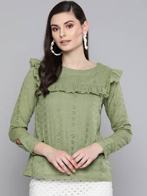 Olive Schiffli Front Yoke Top 1