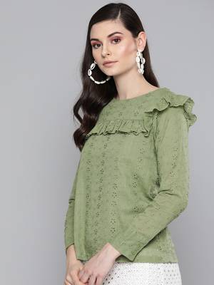Olive Schiffli Front Yoke Top 2