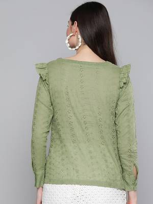 Olive Schiffli Front Yoke Top 3