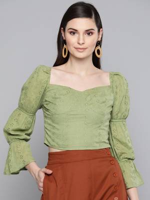 Olive Schiffli Bishop Sleeve Crop top 1