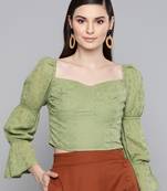 Olive Schiffli Bishop Sleeve Crop top