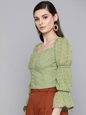 Olive Schiffli Bishop Sleeve Crop top 2