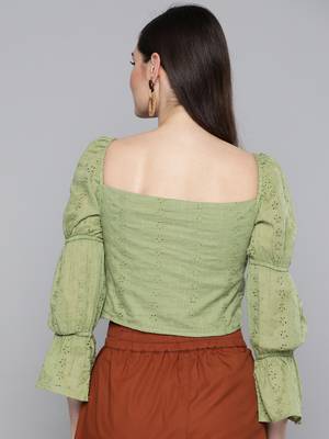 Olive Schiffli Bishop Sleeve Crop top 3