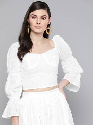 White Schiffli Bishop Sleeve Crop top 1