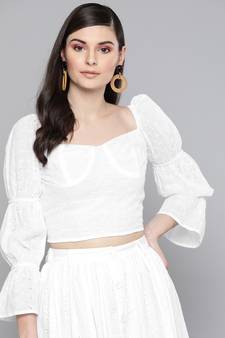 White Schiffli Bishop Sleeve Crop top