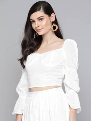 White Schiffli Bishop Sleeve Crop top 2